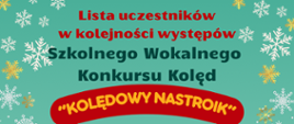 Baner konkursu kolędowego zawierający treść "Lista uczestników w kolejności występów Szkolnego Wokalnego Konkursu Kolęd Kolędowy Nastroik"
