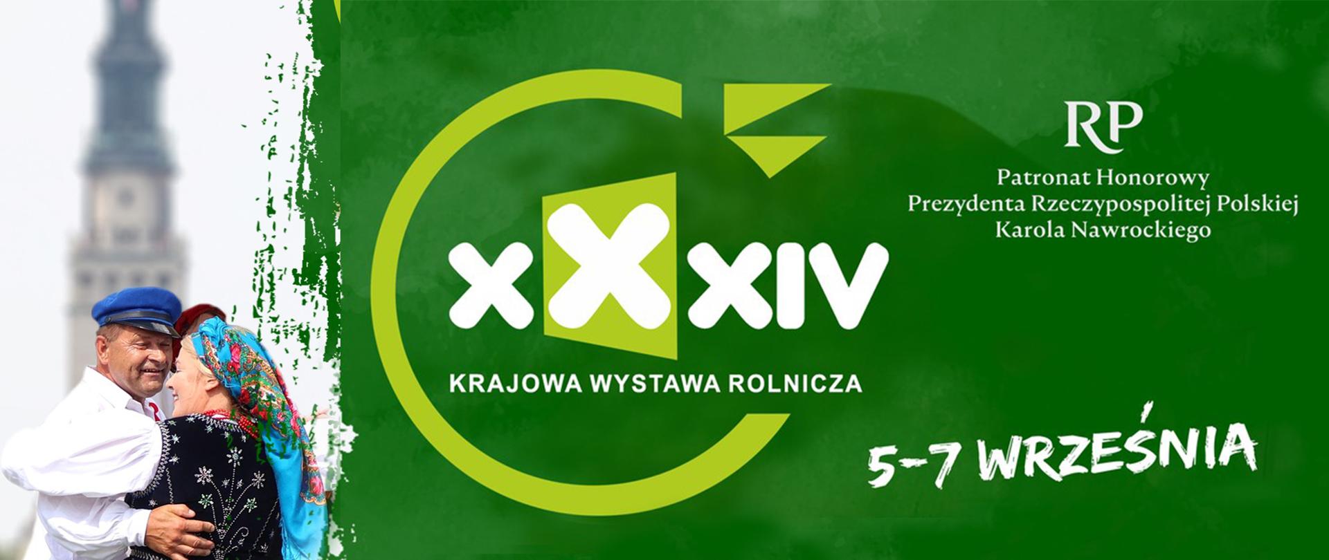 XXXIV Krajowa Wystawa Rolnicza, 5-7 września - baner informacyjny z treścią, datą i zdjęcie pary ubranej w stroje ludowe