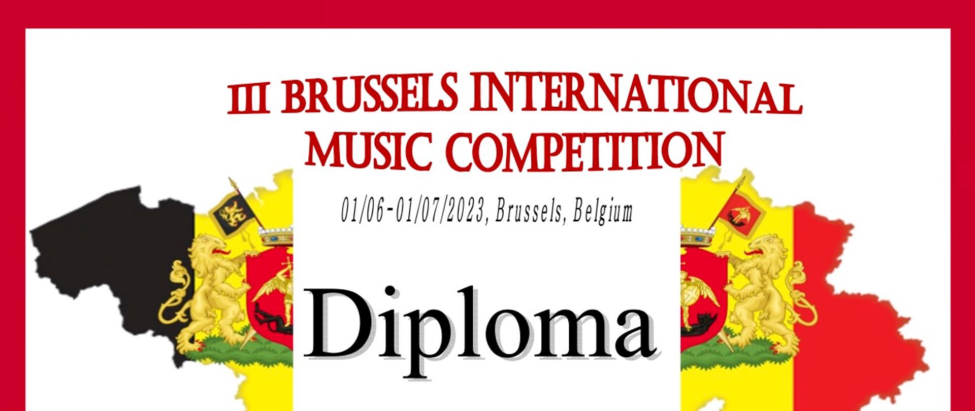 Na białym tle mapa Belgii, w środku napis Diploma II Prize Katarzyna Kurczewska. Poniżej wymienieni jurorzy, na dole ozdobne pieczęcie organizatora konkursu.