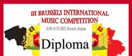 Na białym tle mapa Belgii, w środku napis Diploma II Prize Katarzyna Kurczewska. Poniżej wymienieni jurorzy, na dole ozdobne pieczęcie organizatora konkursu.