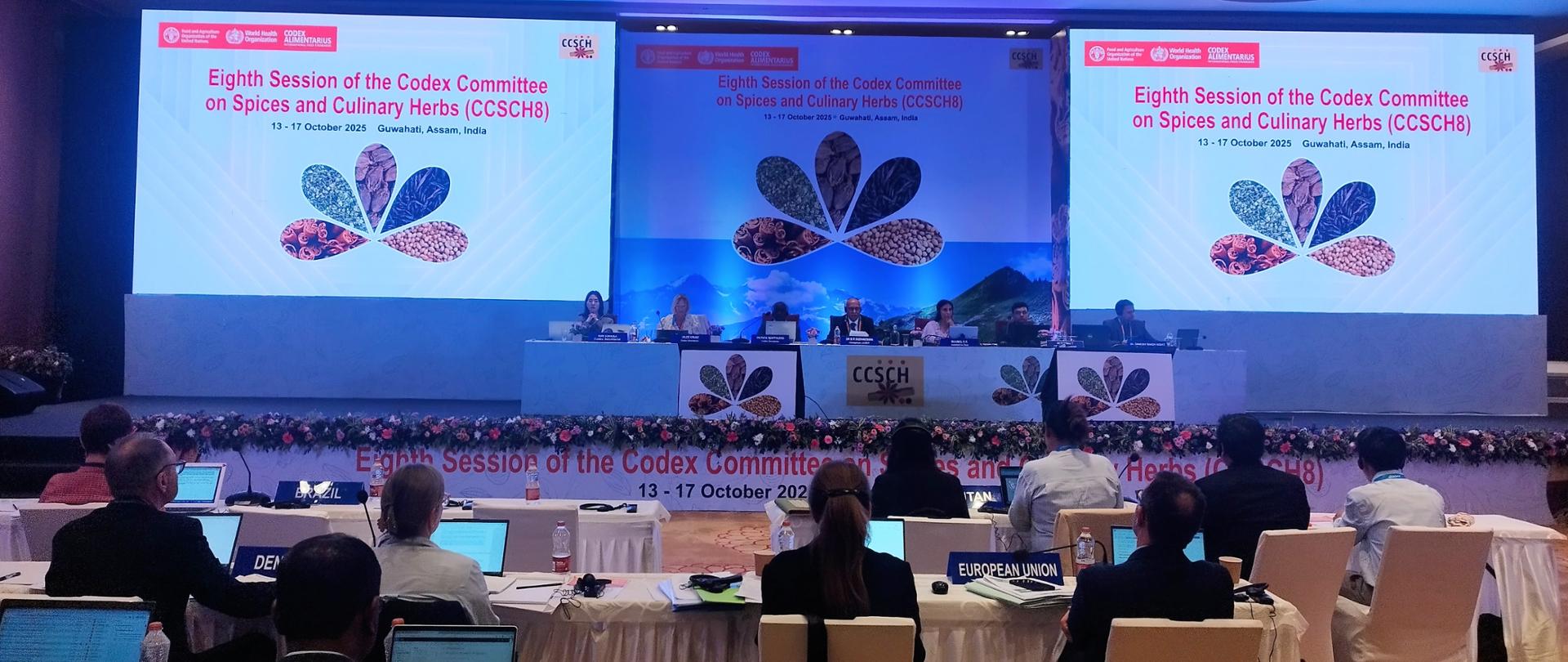 Sala konferencyjna. Na pierwszym planie stoły z uczestnikami widzianymi od tyłu. W tle podest ze stołem prezydialnym, przy którym siedzi 7 osób, za nimi ekrany z prezentacją.