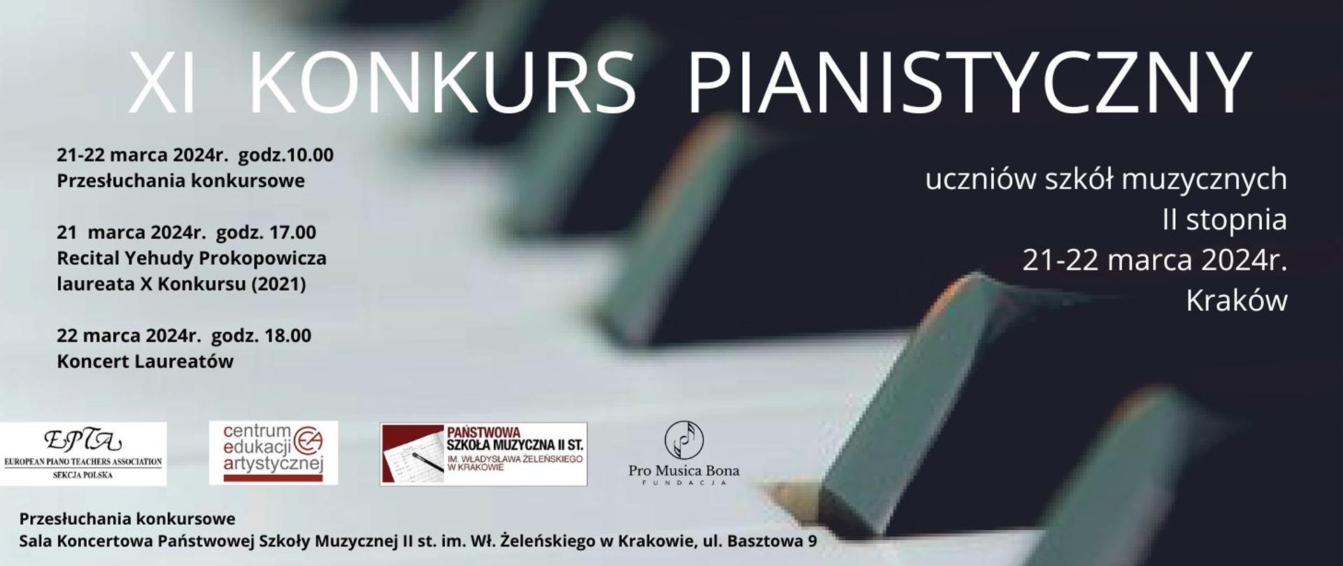 na tle klawiatura fortepianu, na górze biały nagłówek informujący o konkursie, po lewej harmonogram przesłuchań, po prawej data i miejsce wydarzenia