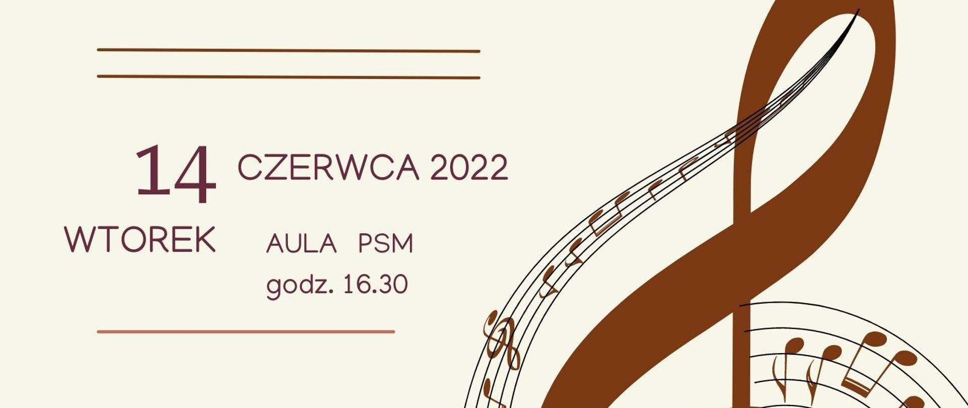 Plakat w kolorach czarno-brązowych na jasnym tle. Klucz wiolinowy, nuty na pięciolinii, termin koncertu