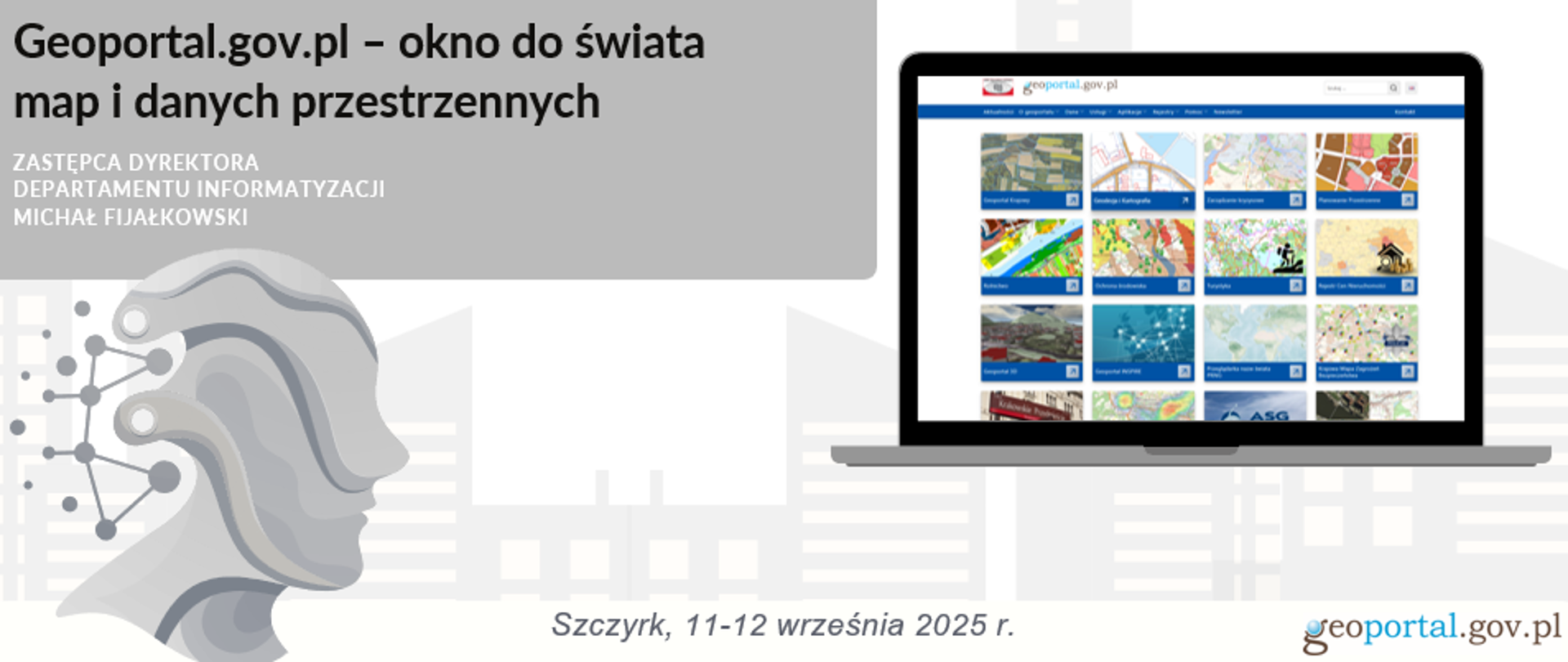 Slajd tytułowy wygłoszonej prezentacji przez Zastępcę Dyrektora Departamentu Informatyzacji Michała Fijałkowskiego. 