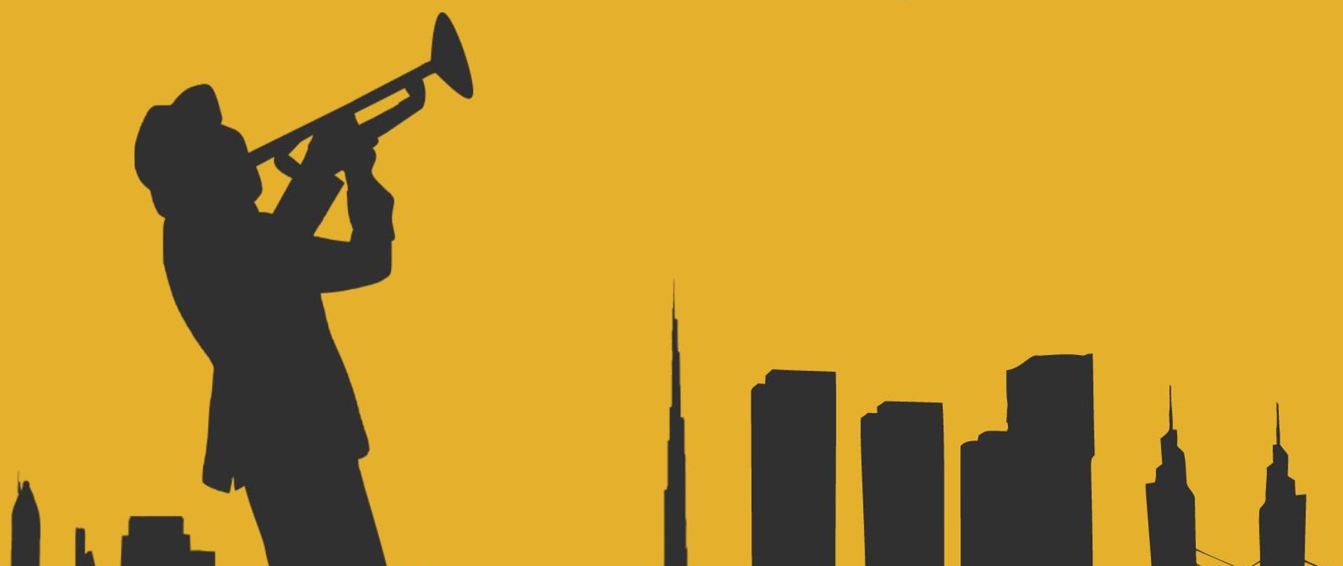 Góra plakatu z tłem w kolorze ciemnożółtym z napisem w kolorze czarnym: popis uczniów klasy trąbki. Dół plakatu z tłem w kolorze czarnym z informacjami o wydarzeniu w kolorze jasnym: nauczyciel: Damian Chudy, akompaniament: Edyta Szymańska, 31 maja 2023, godz. 17.00, sala koncertowa PSM I st. w Kępnie. Tła odcięte są od siebie konturami miasta i trębacza grającego na instrumencie.