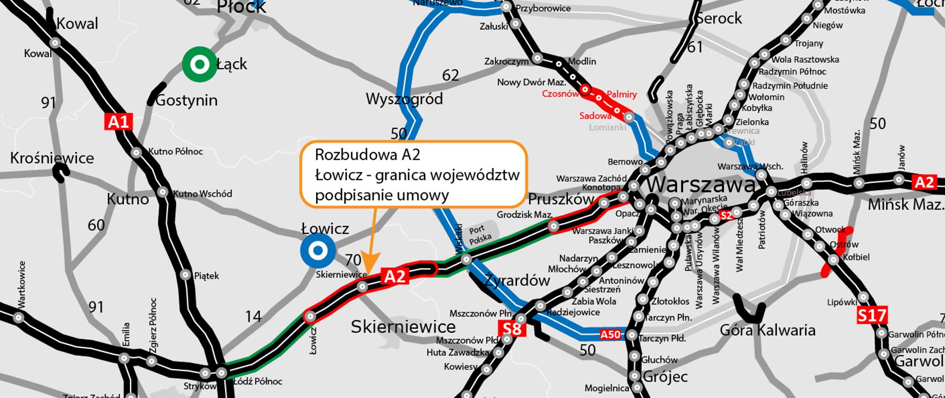 Rozbudowa A2 Łowicz - gr województw mapa