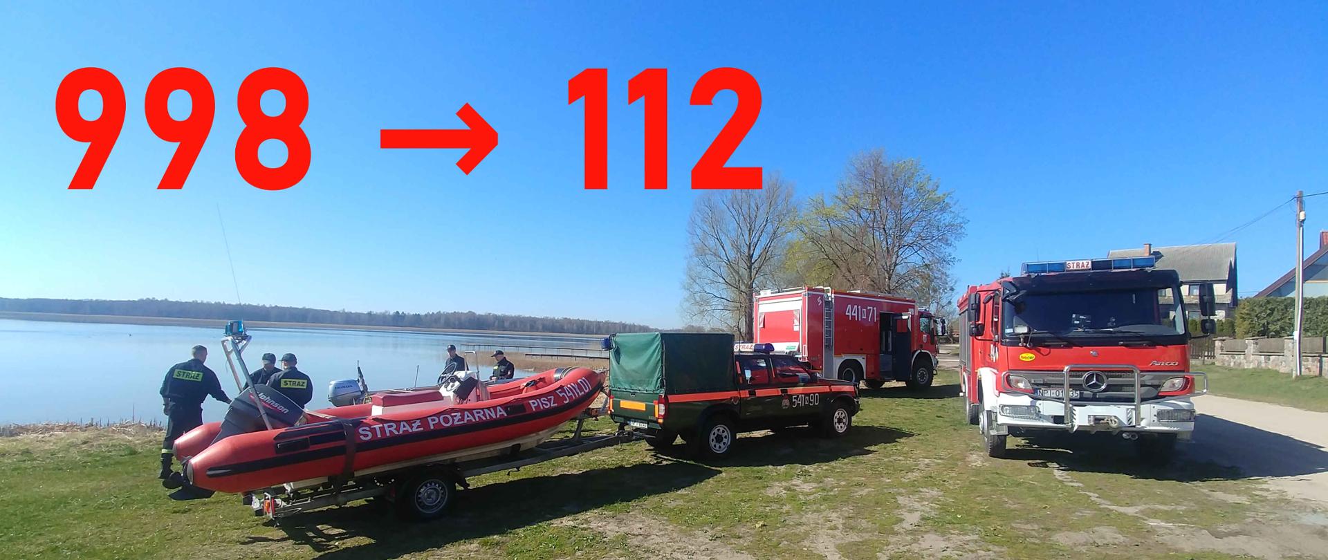 Plakat przedstawiający strażaków przygotowujących się do akcji nad wodą. W górnej części zdjęcia napis 998 strzałka 112.