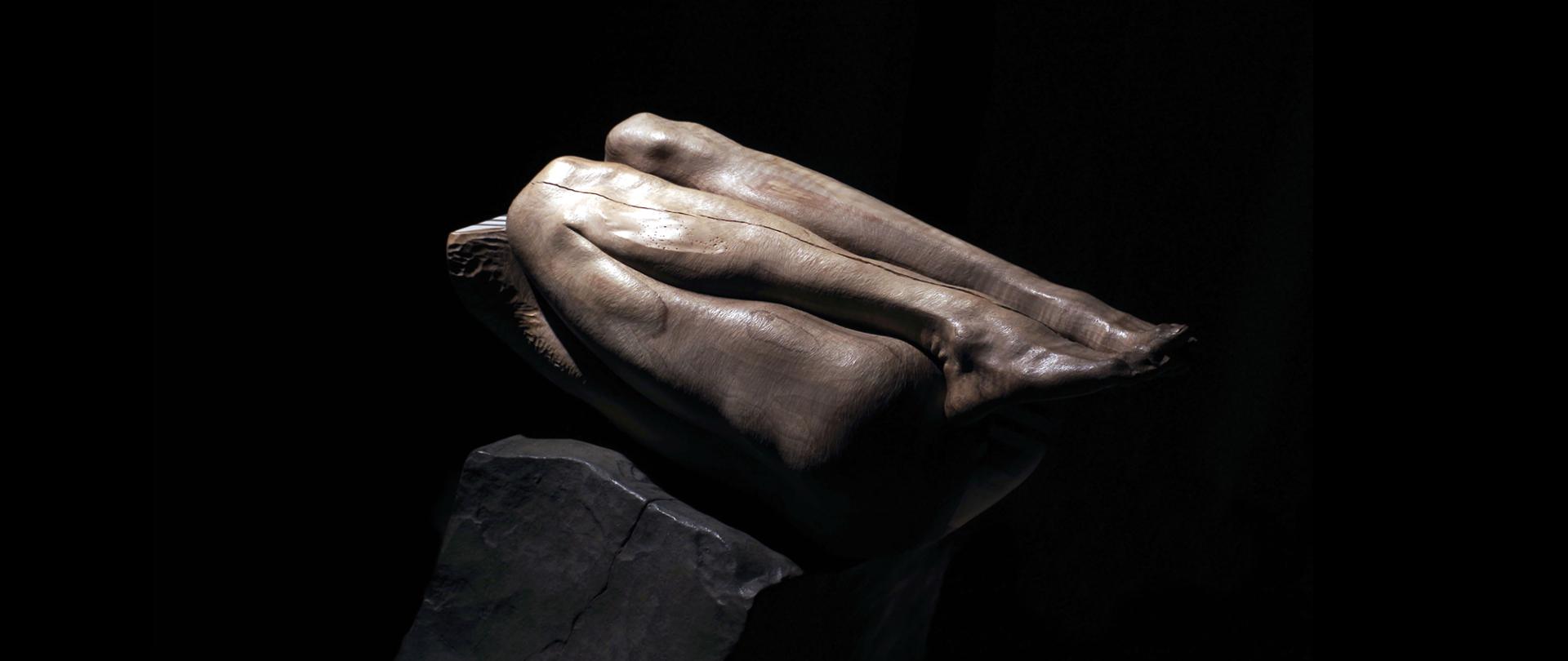 Na zdjęciu widzimy rzeźbę z drewna autorstwa artysty rzeźbiarza Jerzego Fobera. Praca pt. „Ofiara Izaaka” została wykonana w roku 2014. Rzeźba przedstawia skulone ciało ułożone na ołtarzu. Głaz, to również el. drewniany. Tło w fotografii jest czarne. Stopy i zgięte nogi są oświetlone i to one stanowią sekwencję kompozycji.