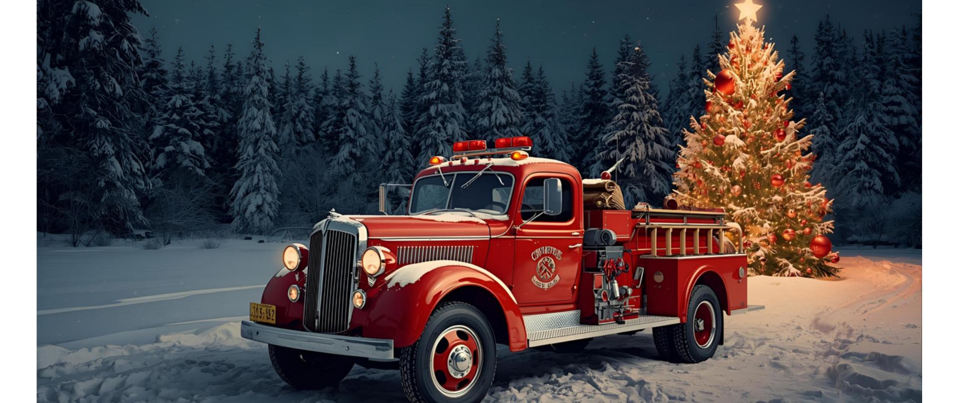 Grafika przedstawia czerwony, zabytkowy wóz strażacki zaparkowany na ośnieżonej polanie w nocy. Pojazd ma włączone reflektory i jest ustawiony obok dużej, bogato zdobionej choinki, która świeci ciepłym blaskiem i jest zwieńczona gwiazdą. W tle widoczny jest gęsty, zaśnieżony las iglasty pod ciemnym, nocnym niebem. Całość tworzy nastrojową, świąteczną scenerię.