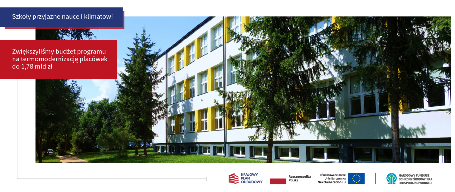 Grafika zawiera zdjęcie budynku szkoły wraz z tekstem: Szkoły przyjazne nauce i klimatowi. Zwiększyliśmy budżet programu na termomodernizację placówek do 1,78 mld zł. Na białym tle w prawym dolnym rogu logotypy: KPO, flaga Polski, flaga UE i logo NFOŚiGW.