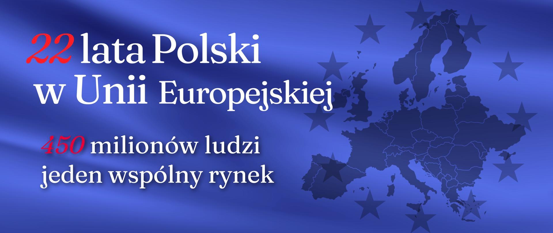 Grafika w odcieniach niebieskiego przedstawia napis „22 lata Polski w Unii Europejskiej” oraz hasło „450 milionów ludzi, jeden wspólny rynek”. Po prawej stronie widoczna jest mapa Europy z zaznaczonymi granicami państw i gwiazdami nawiązującymi do flagi Unii Europejskiej.