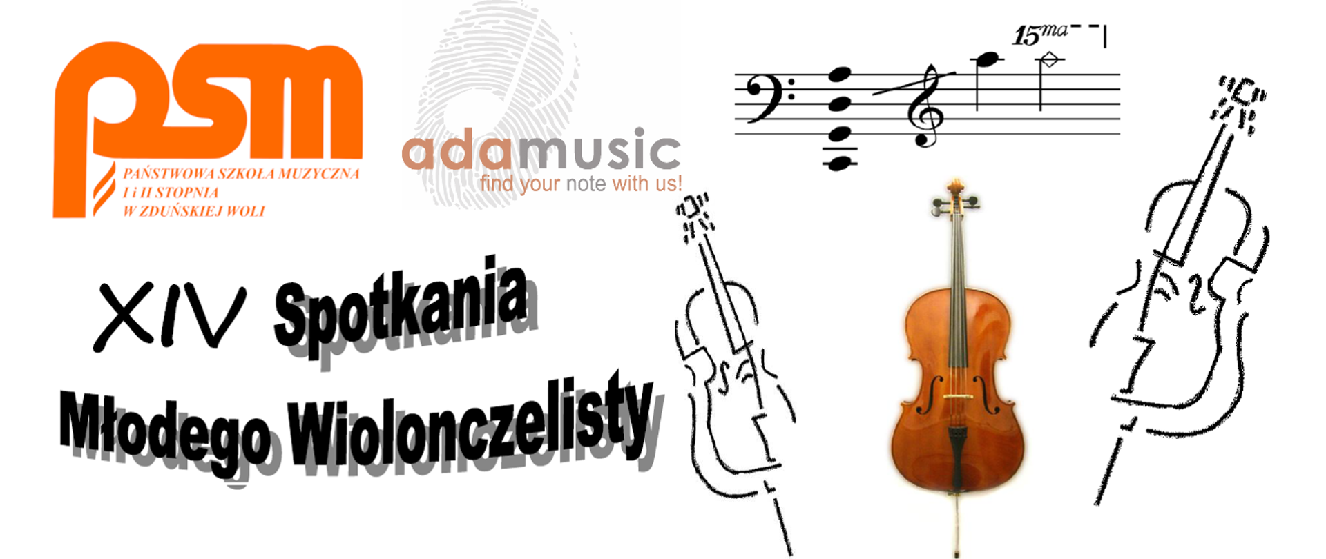 grafika przedstawia na białym tle w lewym górnym rogu pomarańczowe logo PSM 1 i 2 stopnia w zduńskiej woli pod nim czarny napis 14 spotkania młodego wiolonczelisty, a po prawej stronie u góry fragment pięciolinii z zapisem nutowym pod którym znajdują się trzy wiolonczele