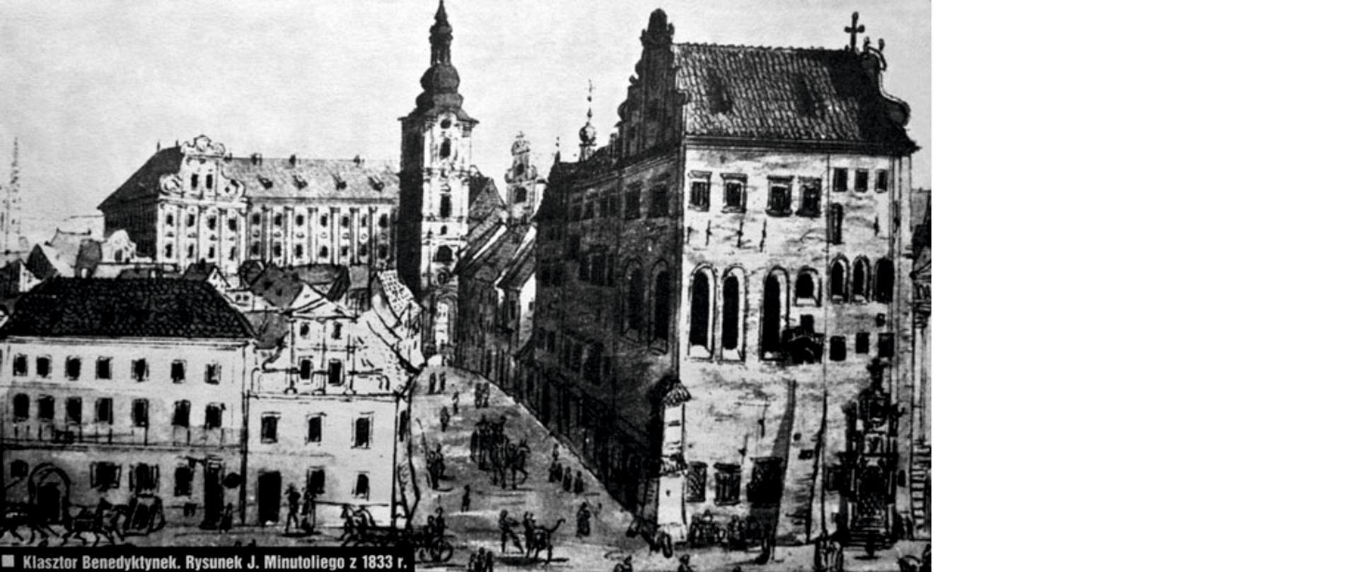 Rysunek czarno biały, po lewej zabudowa kamienic, po prawej widoczny budynek klasztorny, pomiędzy nimi ulica na której widać mieszkańców, w głębi wieża kościelna.