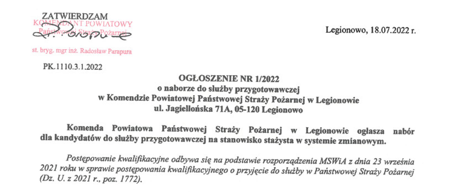 Ogłoszenie nr 1/2022 o naborze do służby