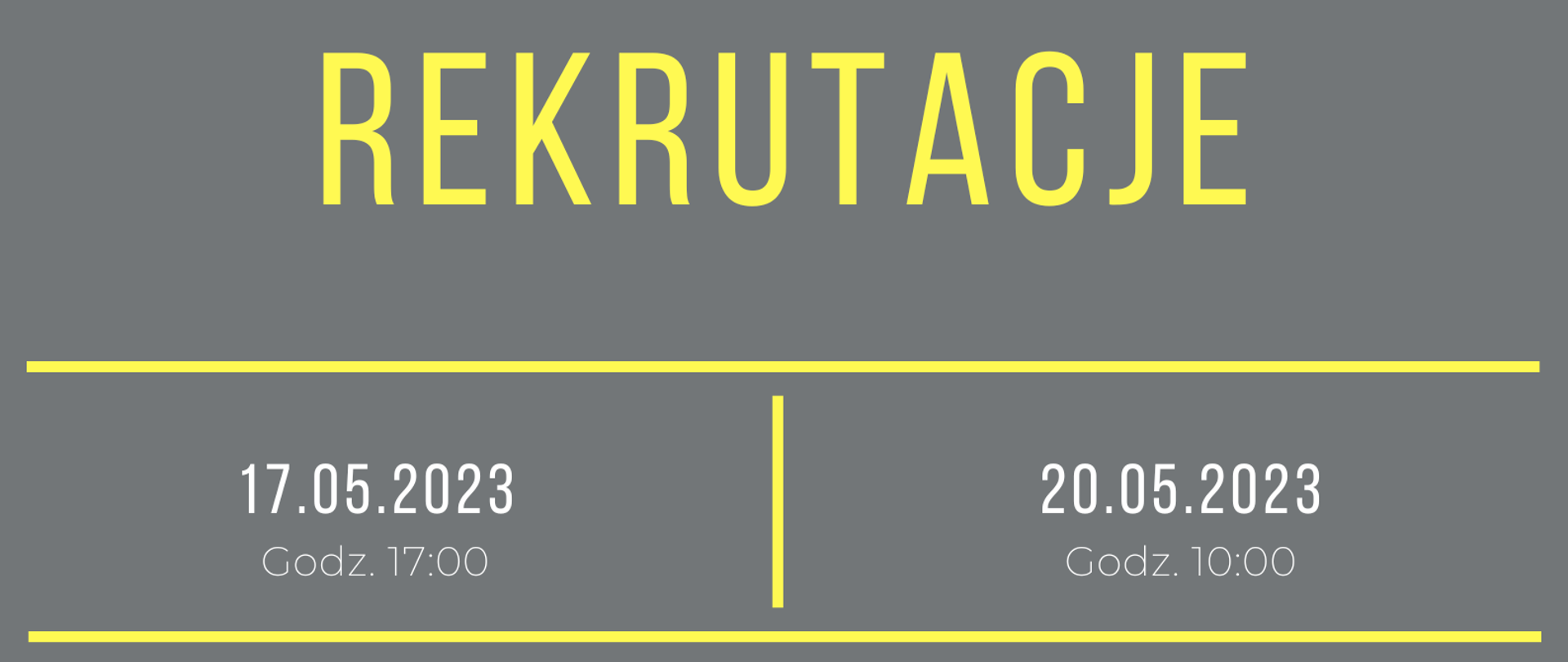 plakat informujący o rekrutacji do szkoły na rok szkolny 23/24 szare tło u góry zdjęcie chłopca i dziewczynki przy drążku poniżej napis białą czcionką Ogólnokształcąca szkoła baletowa im. Janiny Jarzynówny - Sobczak w Gdańsku zaprasza na rekrutacje (żółte litery)poniżej po lewej data 17.05.2023 godz 17:00 obok data 20.052023 godz 10:00 poniżej zgłoszenia sekretariat@szkoabaletowa.pl 