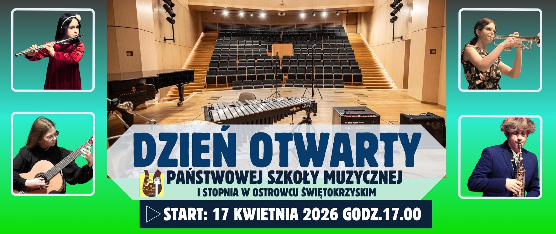 sala koncertowa szkoły, zdjęcia grających dzieci na instrumentach, napisy w kolorze niebieskim z logo szkoły w kolorze brązowo-żółtym