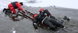 Zdjęcie przedstawia ćwiczących strażaków podczas ćwiczeń na lodzie