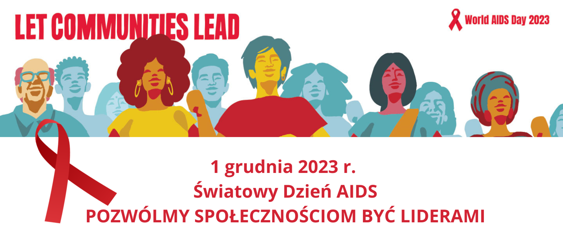 Plakat promujący Światowy dzień AIDS z rysunkami osób w tle