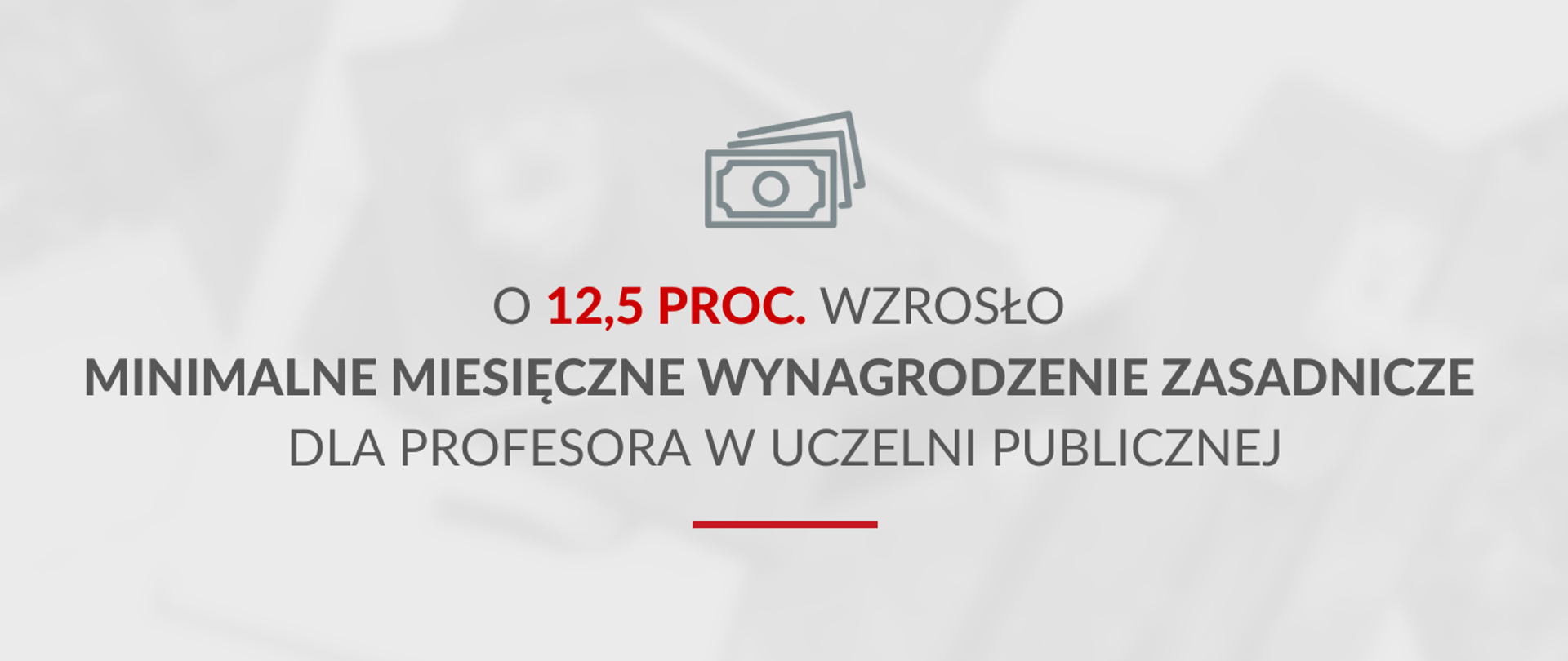 Grafika - na jasnoszarym tle napis O 12.5 proc. wzrosło minimalne miesięczne wynagrodzenie zasadnicze dla profesora w uczelni publicznej.