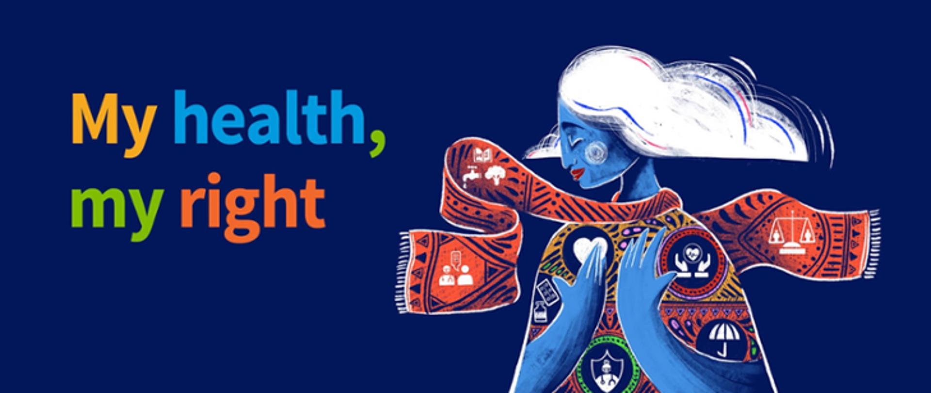 Kobieta na niebieskim tle i napis "My health, my right"