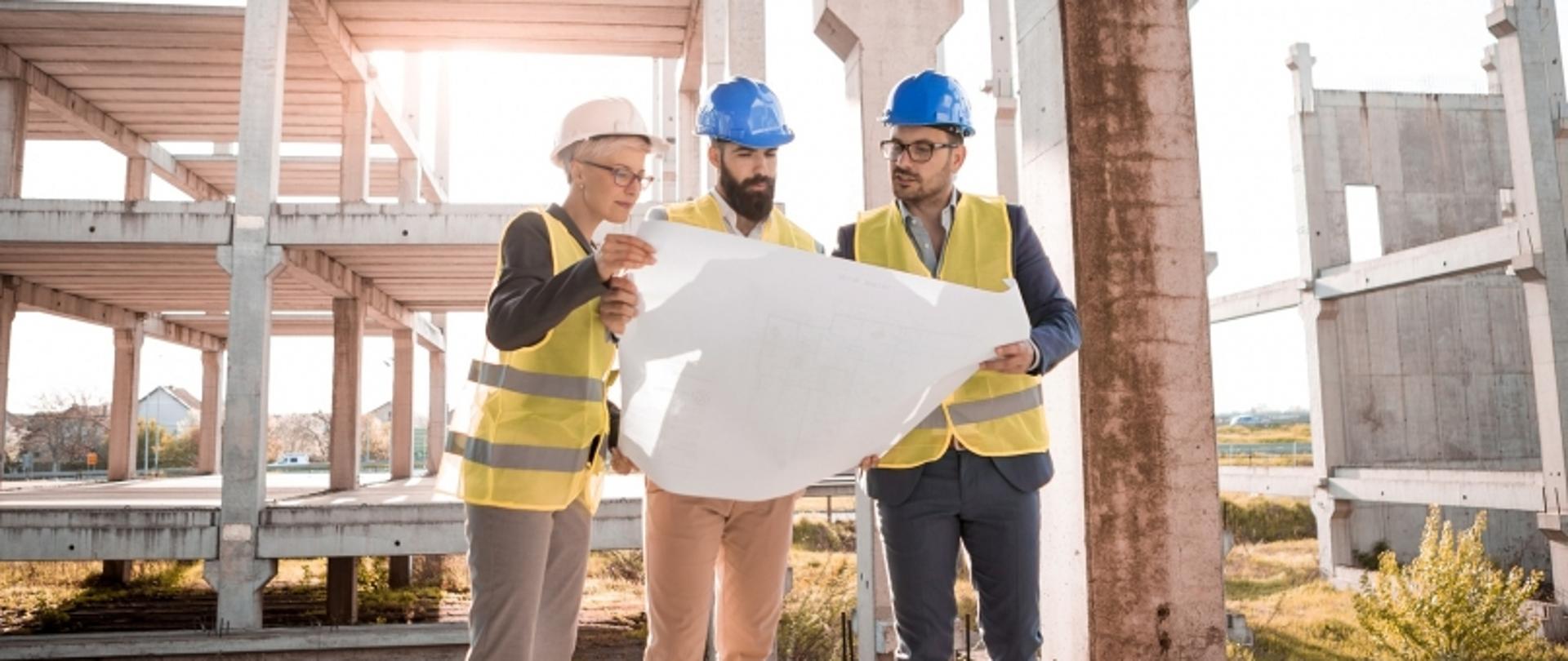Inżynierowie na budowie przeglądający plan konstrukcji, w tle szkielet budynku.

