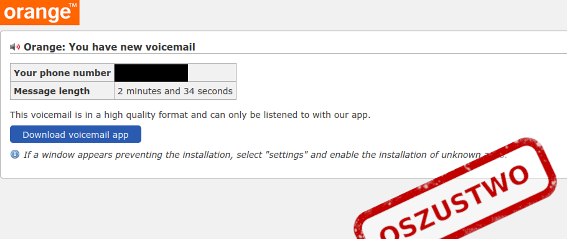 Zdjęcie sfałszowanej wiadomości SMS o rzekomej wiadomości na poczcie głosowej