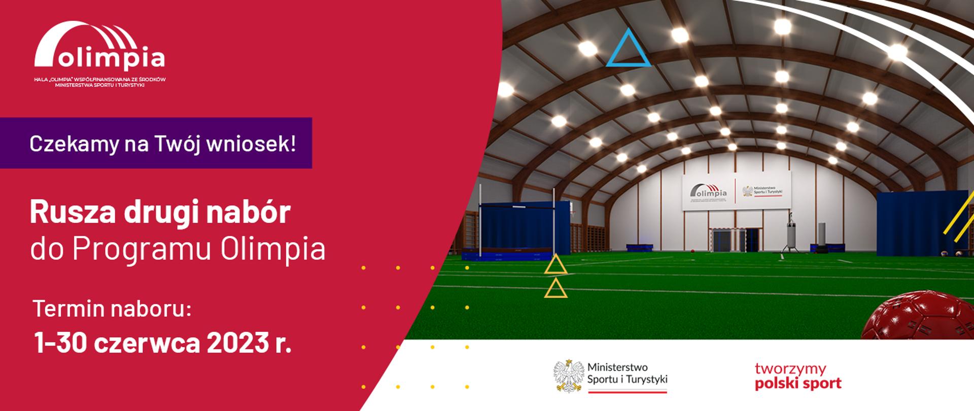 Na zdjęciu wizualizacja hali łukowej Olimpia oraz napis: czekamy na twój wniosek, rusza drugi nabór do Programu Olimpia