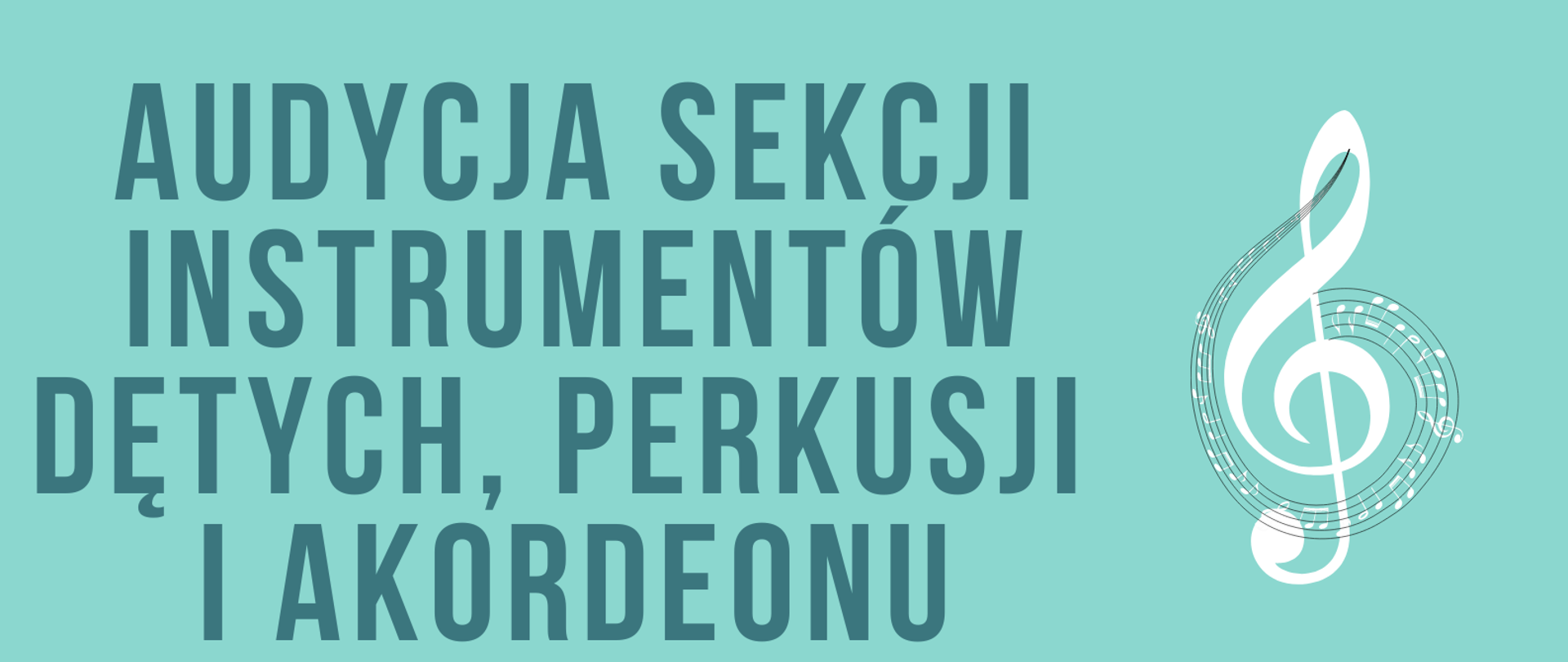 Plakat w kolorze miętowym. W górnej części, w nagłówku, znajduje się grafika trąbki w kolorze pomarańczowym, poniżej w centralnej części, po lewej, znajduje się napis w kolorze ciemnej zieleni - Audycja sekcji instrumentów dętych, perkusji i akordeonu "Debiuty". Obok napisu po prawej stronie, znajduje się biały klucz wiolinowy otoczony pięciolinią, na której znajdują się białe nuty. Pod napisem głównym, po lewej stronie znajduje się informacja o wydarzeniu napisana kolorem czarnym: 12 grudnia 2022r godzina 17.30, sala koncertowa. Obok po prawek stronie znajduje się grafika zestawu perkusyjnego w kolorach pomarańczowym, ciemnozielonym i różowym. W lewym dolnym rogu znajduje się napis Zapraszamy w kolorze białym zaś w prawym dolnym rogu znajduje się grafika akordeonu klawiszowego w kolorach pomarańczowym, białym, czarnym i czerwonym. 