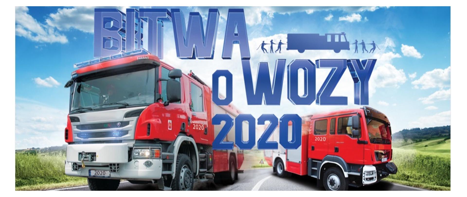 Grafika promująca akcję profrekwencyjną MSWiA, na której widnieją dwa wozy ratowniczo-gaśnicze pędzące ulicą oraz napis: "Bitwa o wozy 2020".