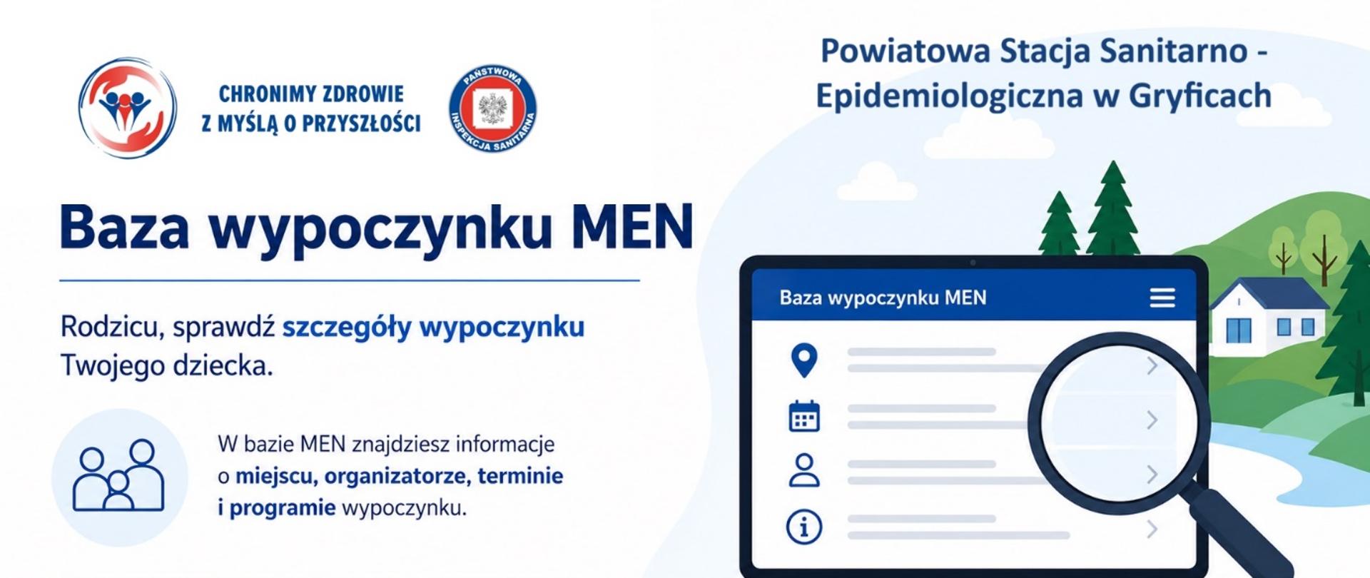 Grafika PSSE w Gryficach zachęcająca rodziców do sprawdzenia informacji o wypoczynku dzieci w Bazie Wypoczynku MEN. Zawiera adres strony wypoczynek.men.gov.pl oraz ilustrację laptopa z lupą symbolizującą wyszukiwanie danych o turnusach.