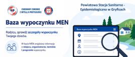 Grafika PSSE w Gryficach zachęcająca rodziców do sprawdzenia informacji o wypoczynku dzieci w Bazie Wypoczynku MEN. Zawiera adres strony wypoczynek.men.gov.pl oraz ilustrację laptopa z lupą symbolizującą wyszukiwanie danych o turnusach.