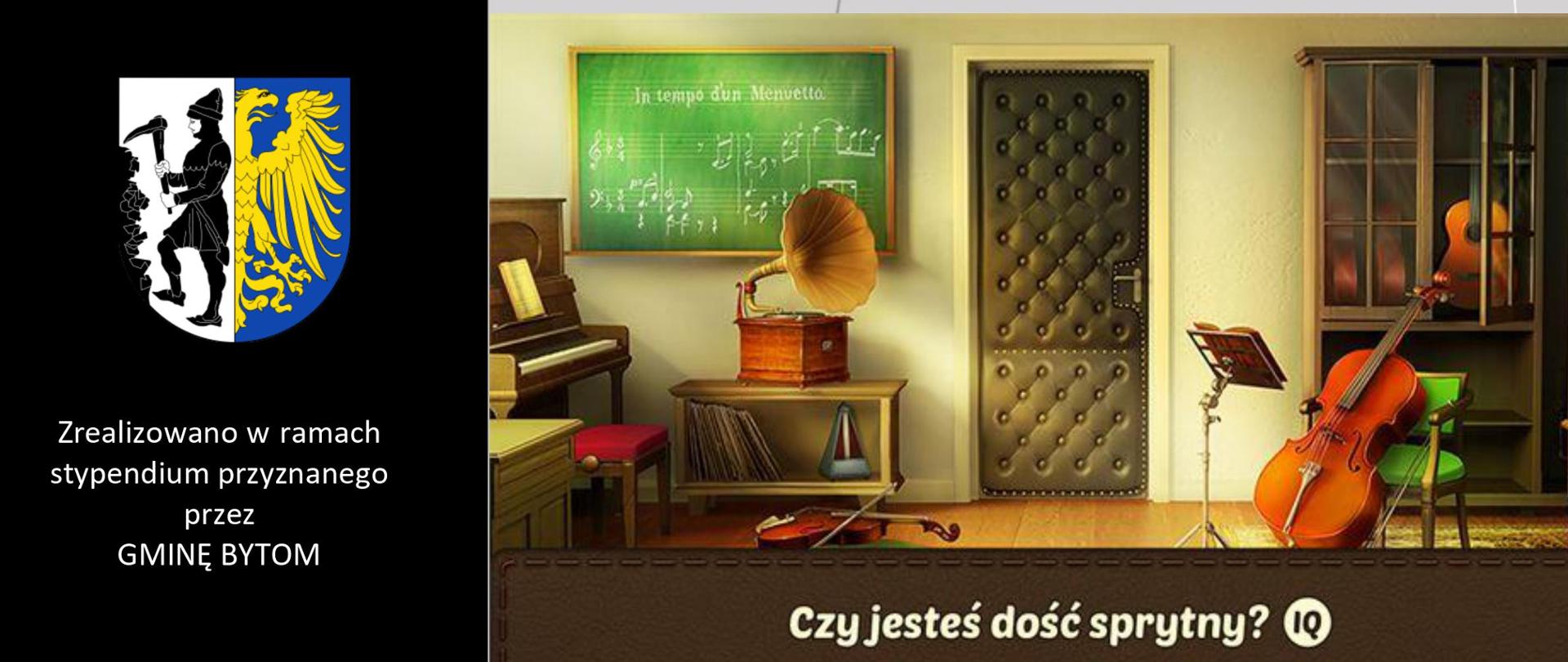 Plakat projektu "kultura nie gryzie". Po lewej stronie plakatu czarny pionowy pas a na nim logo szkoły, herb gminy Bytom, informacja o realizowaniu projektu w ramach stypendium przyznanego przez gminę Bytom, dane teleadresowe szkoły. Po prawej stronie szare tło, na nim tytuł projektu "kultura nie gryzie. Przyjdź! Zobacz! Posłuchaj!" Zdjęcie gabinetu muzycznego, w którym znajdują się instrumenty muzyczne: skrzypce, pianino, gitara, wiolonczela. Pod zdjęciem opis pierwszego spotkania w ramach całorocznego projektu: Odkryj tajemnicę. Muzyczny escape room. Data wydarzenia oraz informacje dot. zapisów na zajęcia.