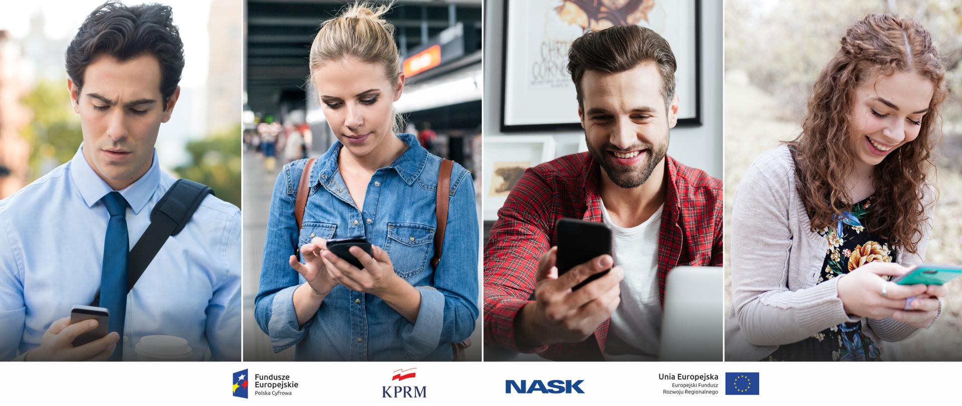 Ekran podzielony na cztery części - w każdej z nich zdjęcie osoby korzystającej ze smartfona.