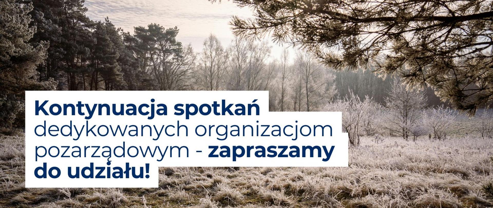 Na zdjęciu widać napis "Kontynuacja spotkań dedykowanych organizacjom pozarządowym - zapraszamy
do udziału!" w tle znajduje się zdjęcie lasu zimą. Drzewa oraz trawy są oszronione.
