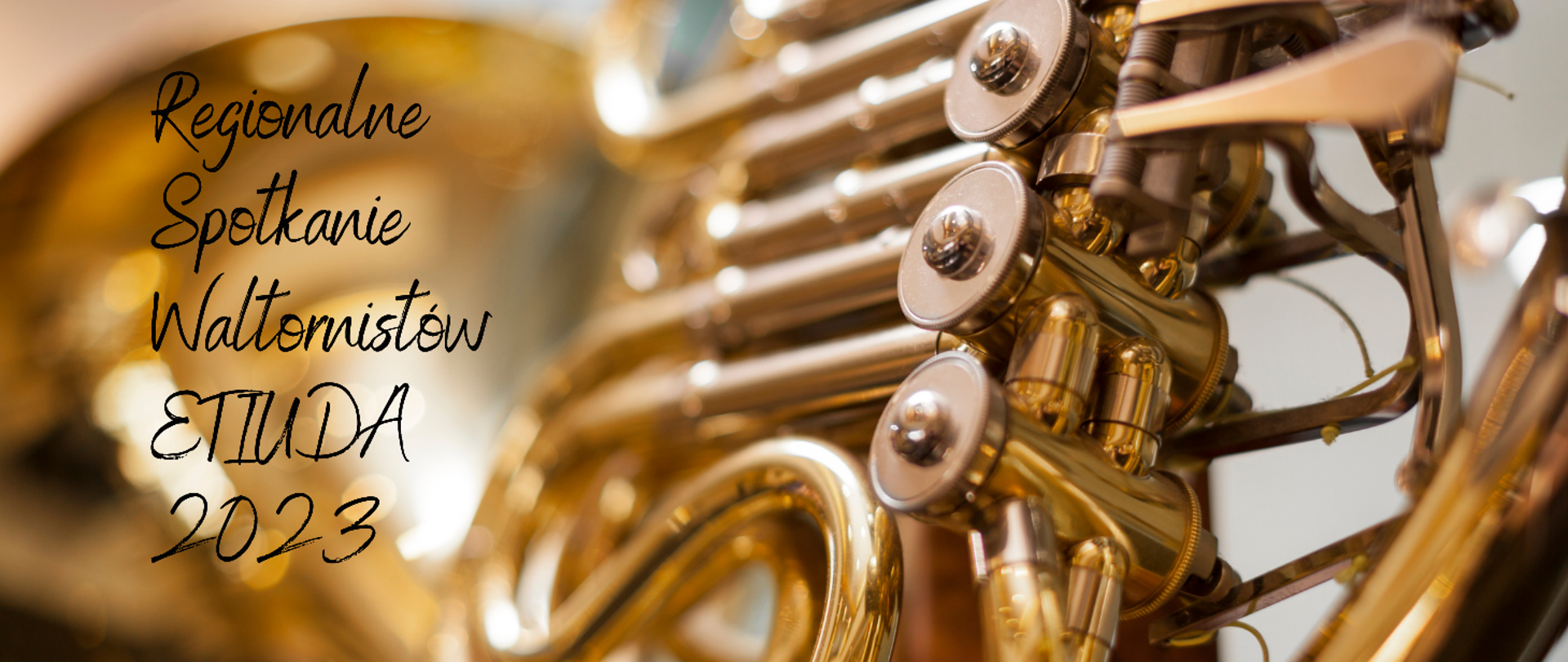 Grafika której tło waltornia (dokładnie jej część z przyciskami i kręconymi rurkami - kolor złota), a na tym tle czarny napis tj. Regionalne Spotkanie Waltornistów Etiuda 2023