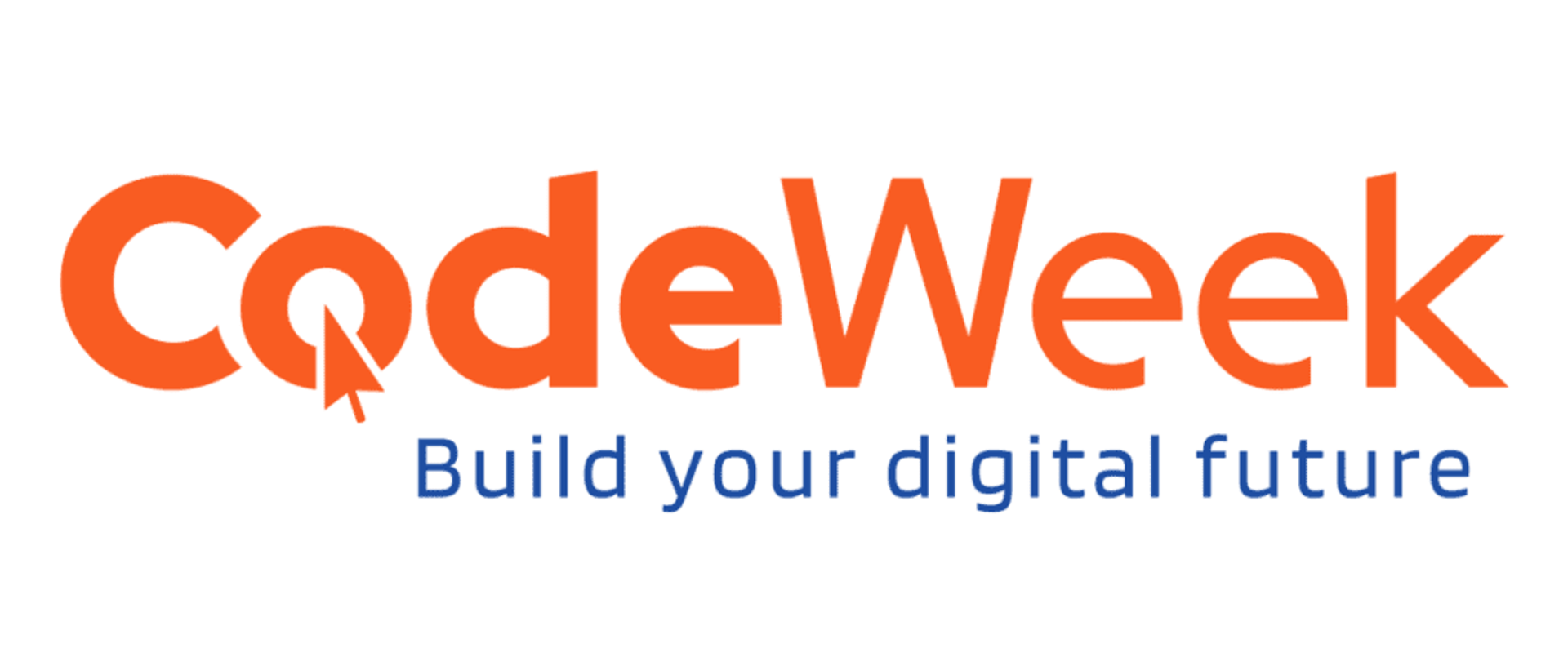 plakat, na białym tle pomarańczowo-niebieski napis codeweek