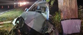 Widać uszkodzony samochód przy drzewie od przodu