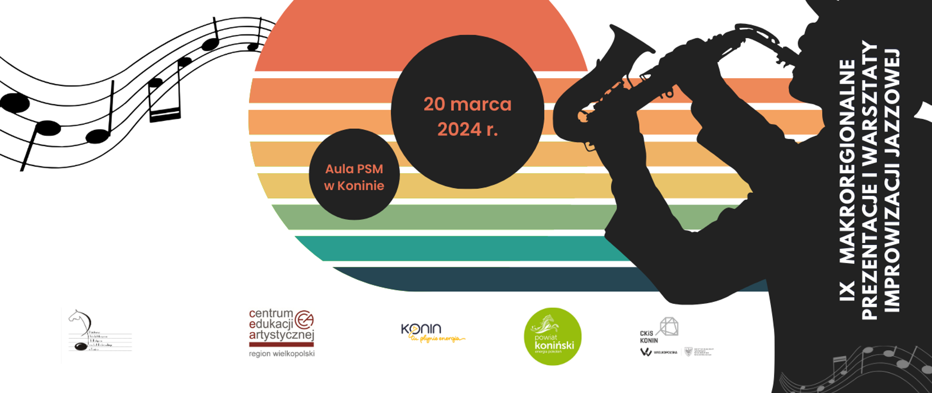 Plakat wydarzenia, po prawej postać saksofonisty w kapeluszu, w tle kolorowe pasy, loga organizatorów