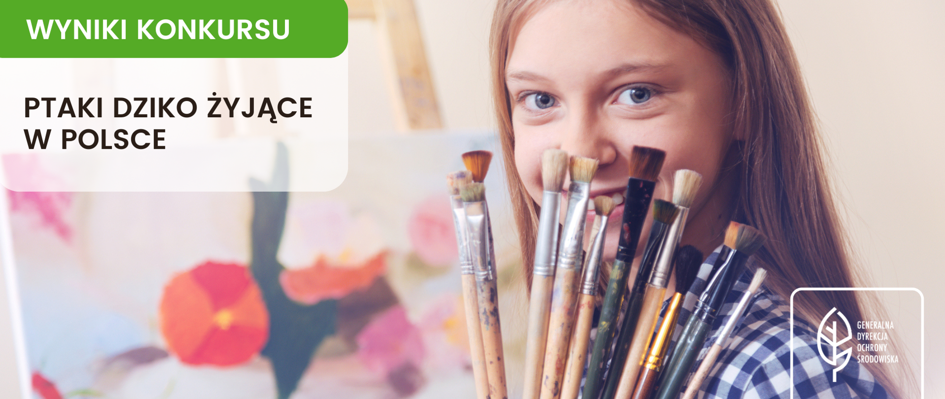 Na pierwszym planie widać dziewczynkę w wieku szkolnym, która trzyma przy twarzy pędzle do malowania. Uśmiecha się. Ma duże niebieskie oczy i proste, brązowe włosy. Za jej plecami niewyraźnie widać namalowany różnymi barwami obraz. W lewym górnym rogu napis: "WYNIKI KONKURSU. PTAKI DZIKO ŻYJĄCE W POLSCE". W prawym dolnym rogu logotyp GDOŚ (biały liść i napis GENERALNA DYREKCJA OCHRONY ŚRODOWISKA).