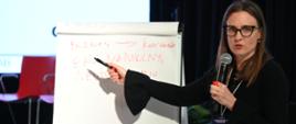 Na zdjęciu stoi kobieta przy tablicy. W jednej dłoni trzyma mikrofon, do którego mówi, a w drugiej dłoni trzyma czerwony marker, którym wskazuje na napisane słowa na tablicy.