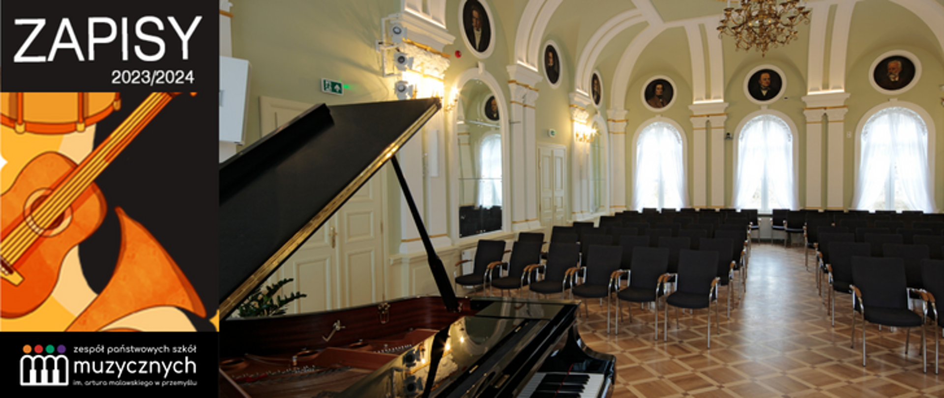 grafika zapisów do szkoły wraz ze zdjęciem wnętrza szkoły