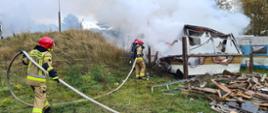 Na zdjęciu widocznych jest 3 strażaków przy linii wężowej. Jeden strażak podciąga linię wężową pomagając swoim dwóm kolegom zabezpieczonym w aparaty ochrony dróg oddechowych, którzy bezpośrednio gaszą przyczepę kempingową. Na zdjęciu widoczne drewniane elementy przyczepy oraz palący się wrak przyczepy. Po prawej stronie w odległości ok. 2 m stoi druga przyczepa kempingowa. Od lewej widać wysoką trawę.