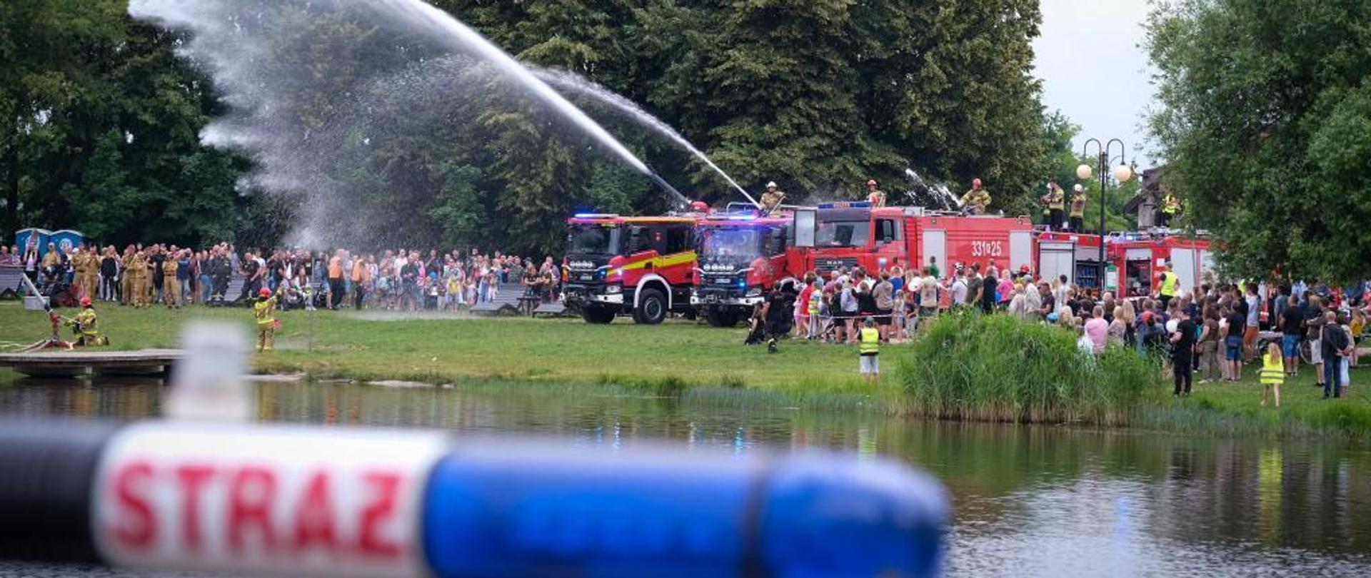 Na zdjęciu widać zgromadzoną na brzegu zalewu publiczność oczekującą na pokaz podawaniem wody z działek wodnych.