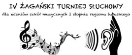 Na białym tle grafika: klucz wiolinowy wraz z pięciolinią i nutami oraz fale dźwiękowe i symbol ludzkiego ucha u góry napis: IV Żagański Turniej Słuchowy.