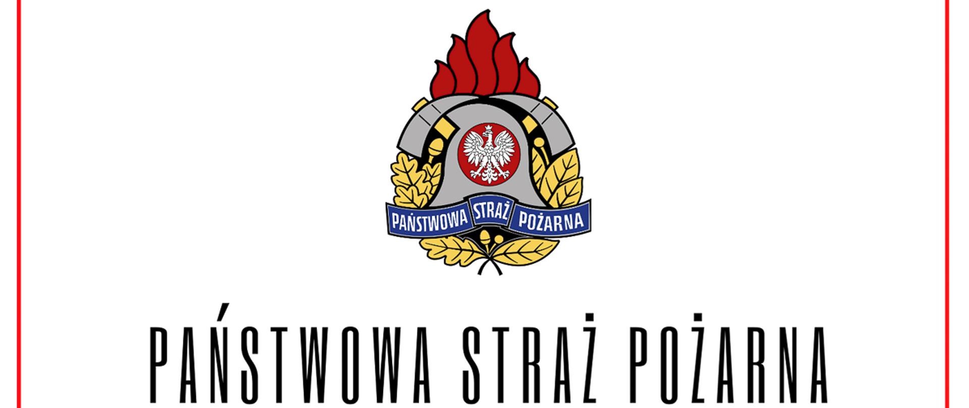 Logo Państwowej Straży Pożarnej na białym tle z czerwoną ramką, pod spodem napis Państwowa Straż Pożarna