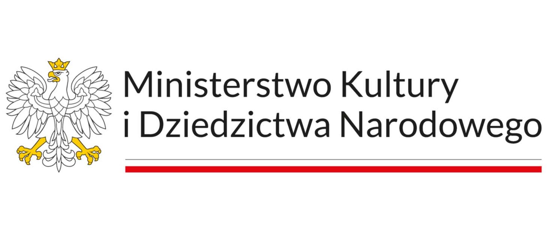Logo Ministerstwa Kultury i Dziedzictwa Narodowego z wizerunkiem orła ustalonego dla godła Rzeczypospolitej Polskiej oraz barw Rzeczypospolitej Polskiej. W znaku zawarta jest również nazwa Ministerstwa Kultury i Dziedzictwa Narodowego.