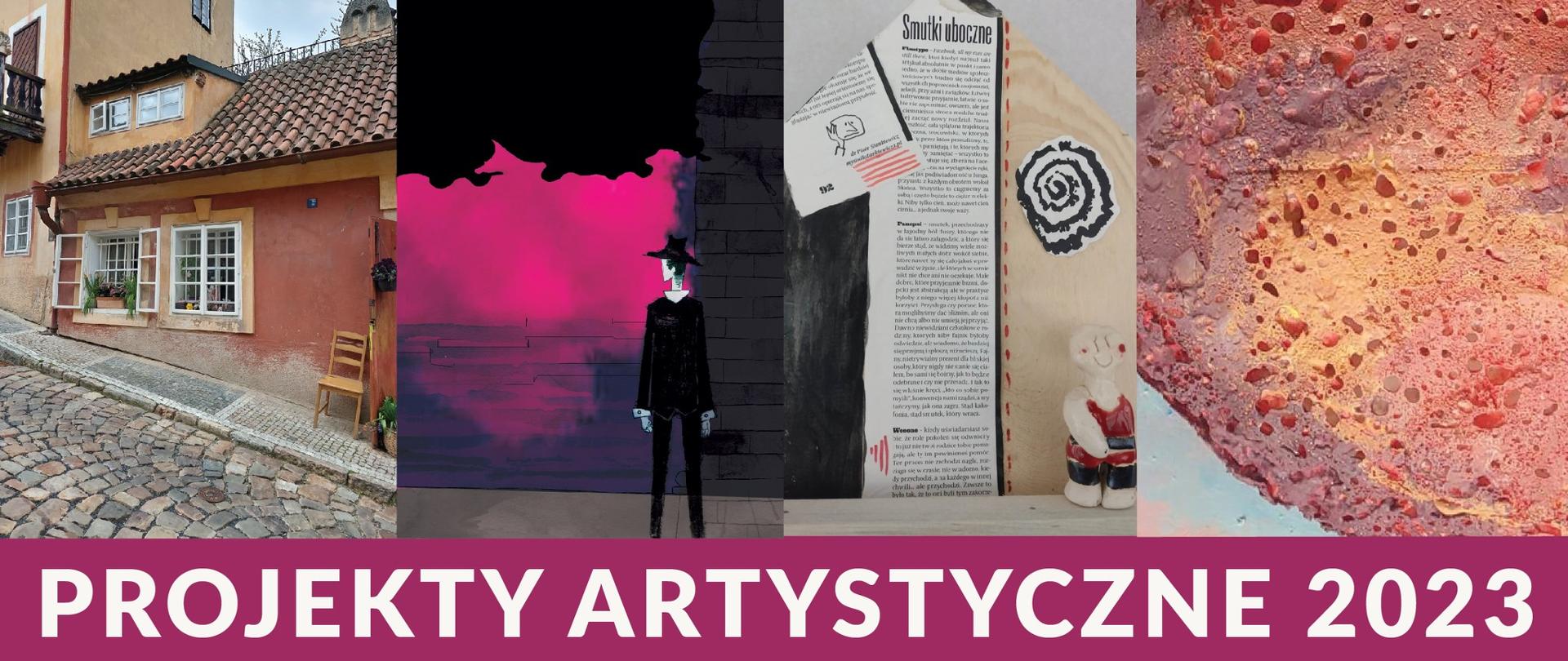 Zdjęcie składa się z czterech obrazów. 1. Stare budynki i wybrukowana ulica (kocie łby). 2. Postać ludzka ubrana w czarne ubrania i czarny kapelusz. Człowiek stoi i patrzy na murowaną ścianę na której znajduje się różowa, duża plama. 4. Kartka wydruku z tytułem "Skutki uboczne". Obok uśmiechnięty ludzik. 4. Powierzchnia planety. Logo Galeria 10A. Napis wernisaż 15 VI 2023 godz. 16.15.
Pod całym zdjęciem obszerny opis czterech projektów.