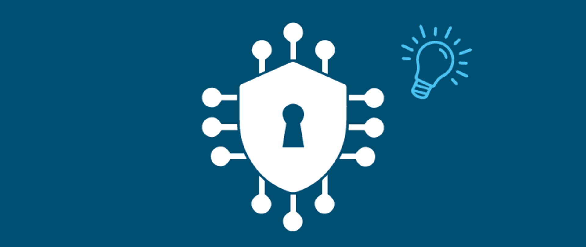 Na ciemnoniebieskim tle biała kłódka bezpieczeństwa w prawym górnym rogu rysunek świecącej żarówki