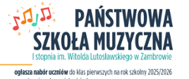 Na białym tle poziomego plakatu umieszczona jest w lewym górnym rogu grafika przedstawiająca kolorowe nutki. W głównej części plakatu znajduje się napis - Pełna nazwa szkoły oraz mniejszymi literami informacja o rozpoczęciu naboru na nory rok szkolny