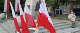 Rocznica wybuchu Powstania Warszawskiego. Plac przed pomnikiem Żołnierza Polskiego w Rawiczu. Na tle pomnika stojak z biało-czerwonymi flagami. W tle drzewa. 